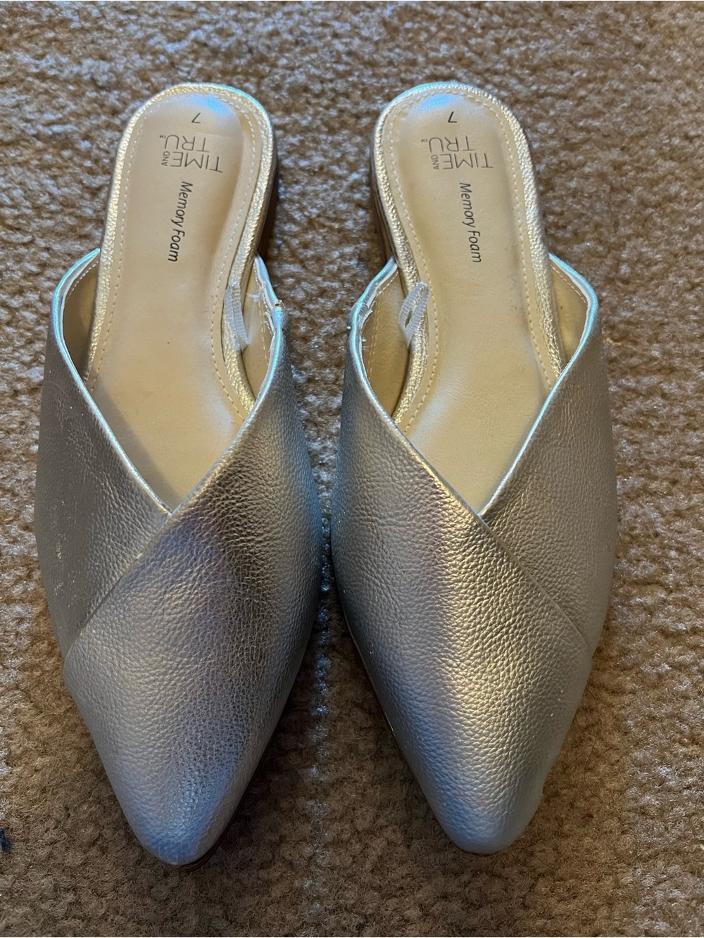 Time and Tru Metallic Silver Pointed Crossover Slip-On Mules